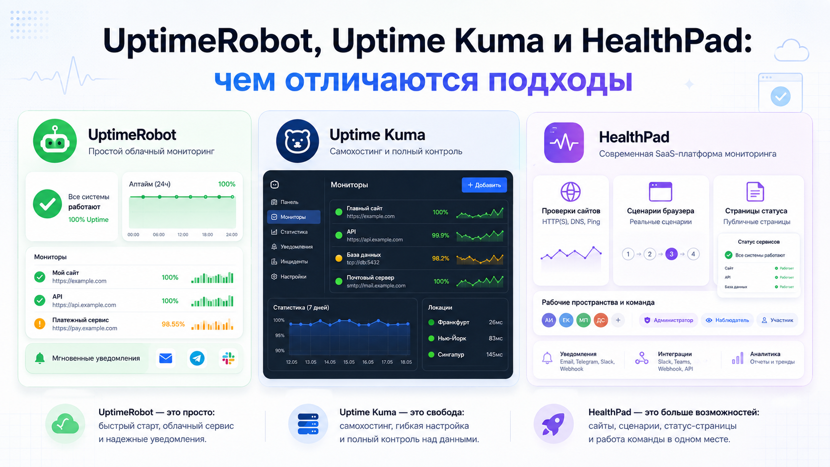 UptimeRobot, Uptime Kuma и HealthPad: чем отличаются подходы